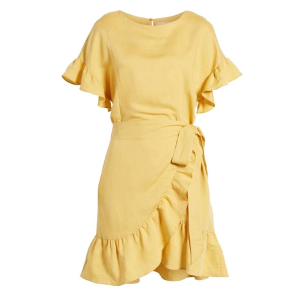ASTR THE LABEL | Ruffle Linen Blend Wrap Yellow Dress | Size S